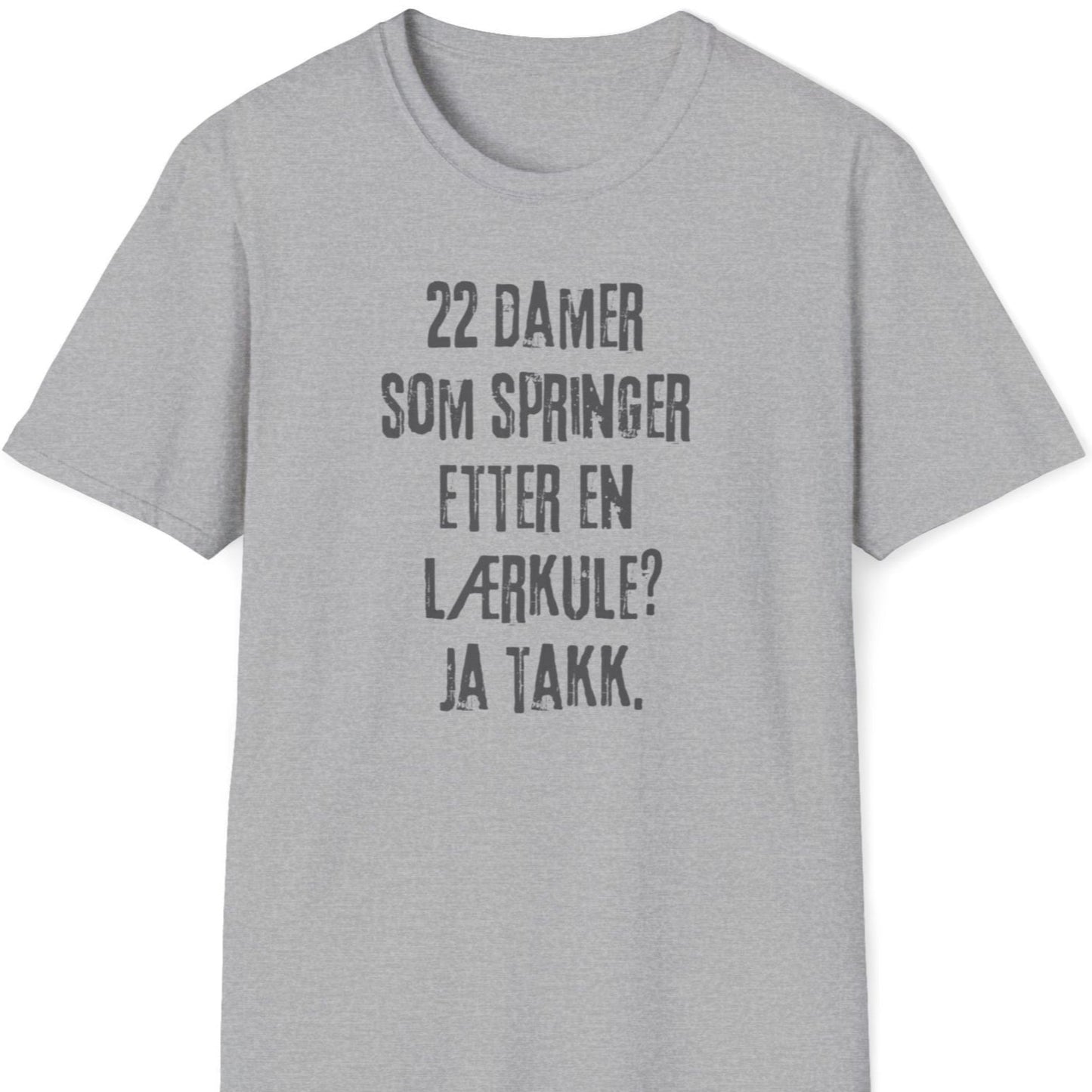 Grå t-skjorte med teksten ""22 damer som springer etter en lærkule? Ja takk."