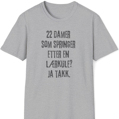 Grå t-skjorte med teksten ""22 damer som springer etter en lærkule? Ja takk."