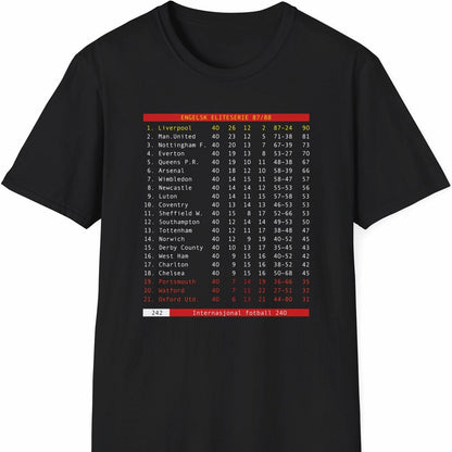 Svart T-skjorte med retro tekst-tabell fra sesongen 1987/88, med Liverpool på topp