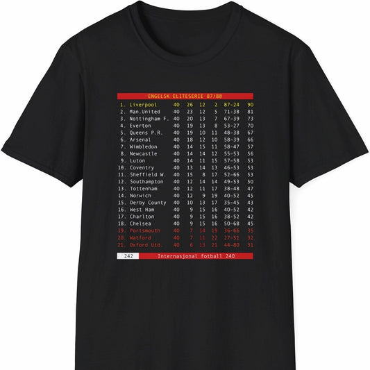 Svart T-skjorte med retro tekst-tabell fra sesongen 1987/88, med Liverpool på topp