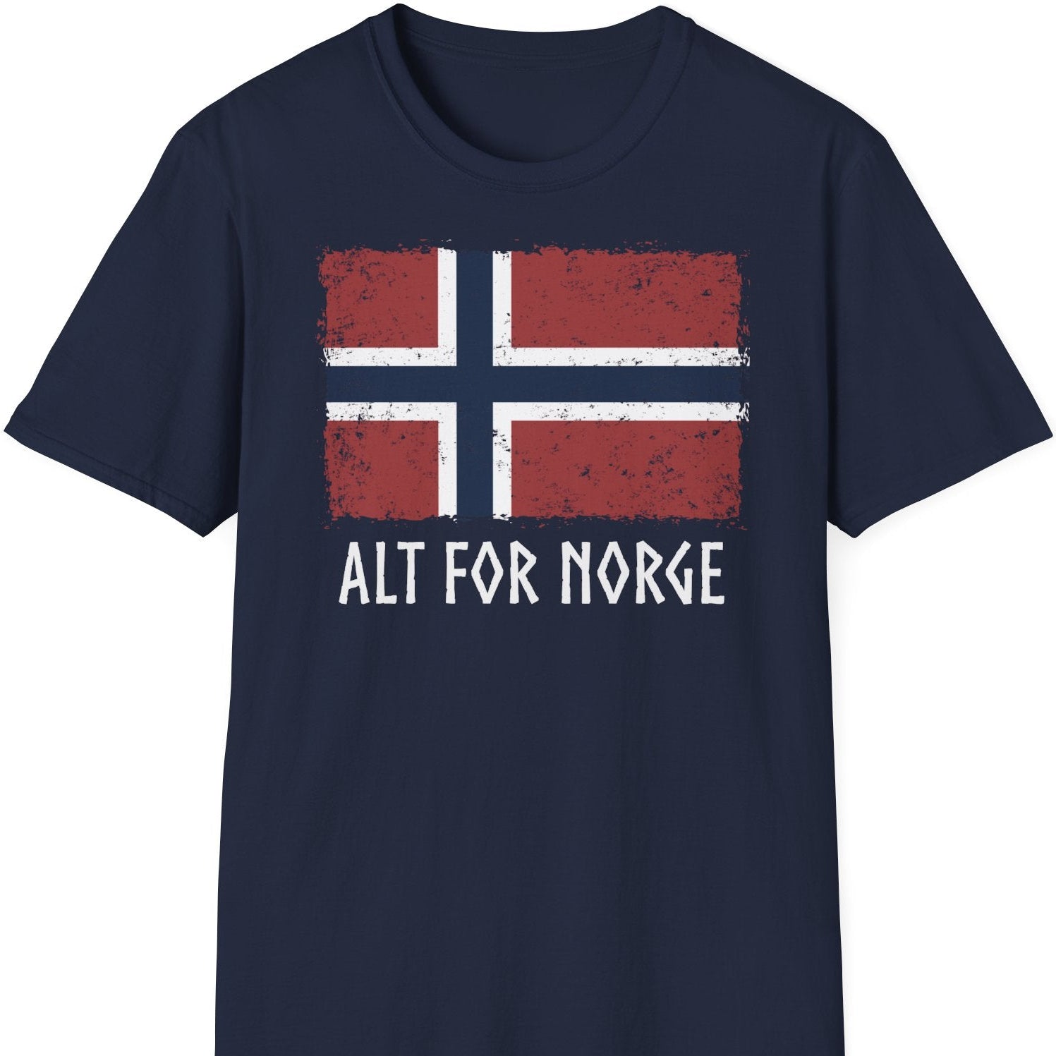 Blå t-skjorte med vintage norsk flagg og teksten ‘Alt for Norge