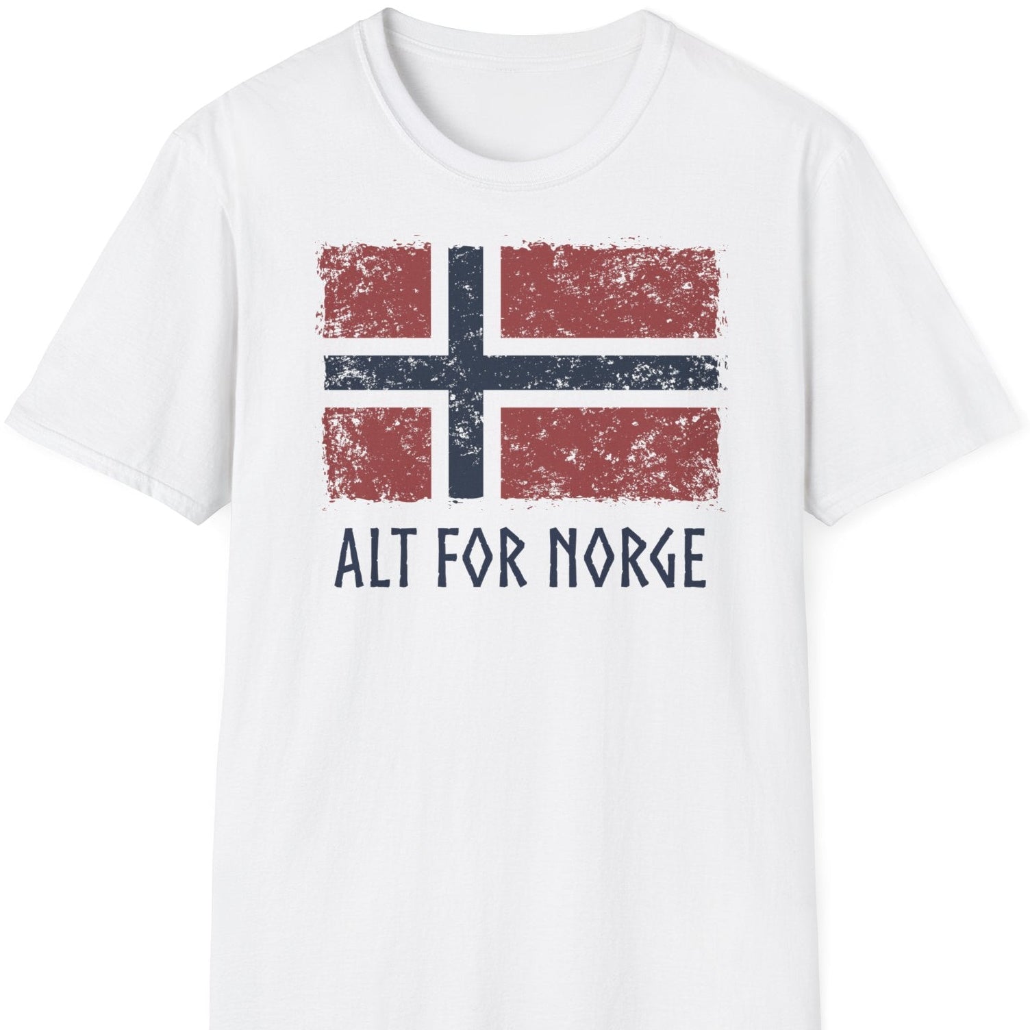 Hvit t-skjorte med vintage norsk flagg og teksten ‘Alt for Norge’