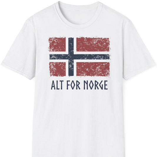 Hvit t-skjorte med vintage norsk flagg og teksten ‘Alt for Norge’