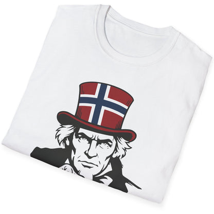Brettet t-skjorte med mann som peker, og teksten "Vi skal slå ALLE"