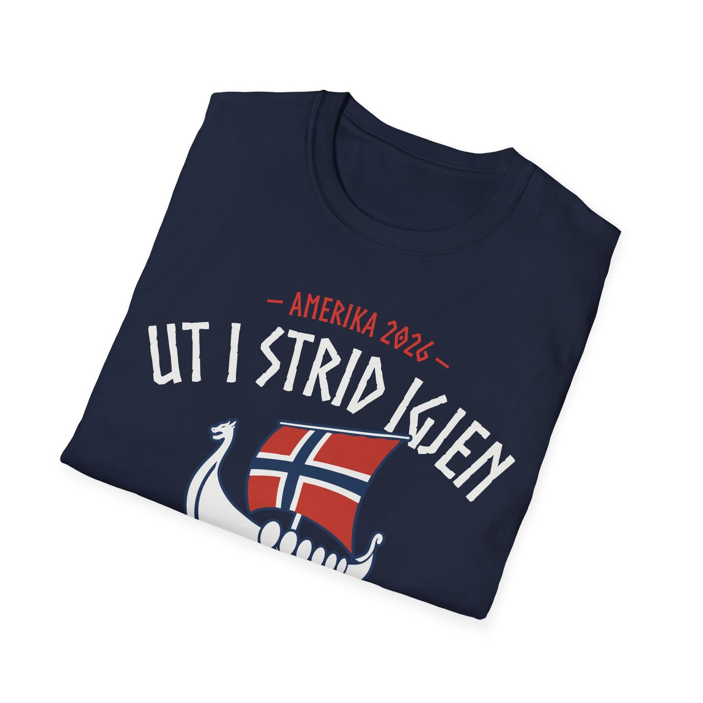 Brettet blå t-skjorte med vikingmotiv og teksten "Ut i strid igjen", og Norges kamper i fotball-VM 
