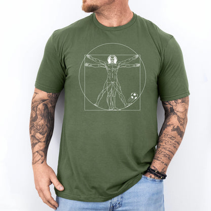 Militærgrønn T-skjorte med hvit strekillustrasjon av Da Vincis vitruviske mann med fotball.