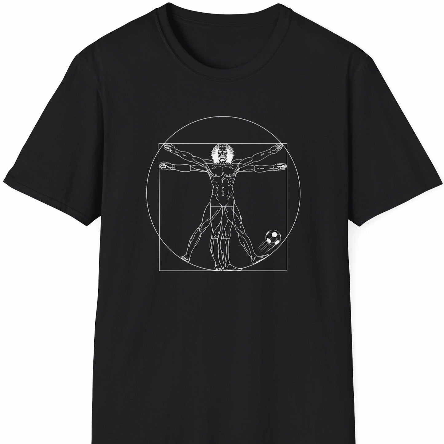Svart T-skjorte med hvit strekillustrasjon av Da Vincis vitruviske mann med fotball.