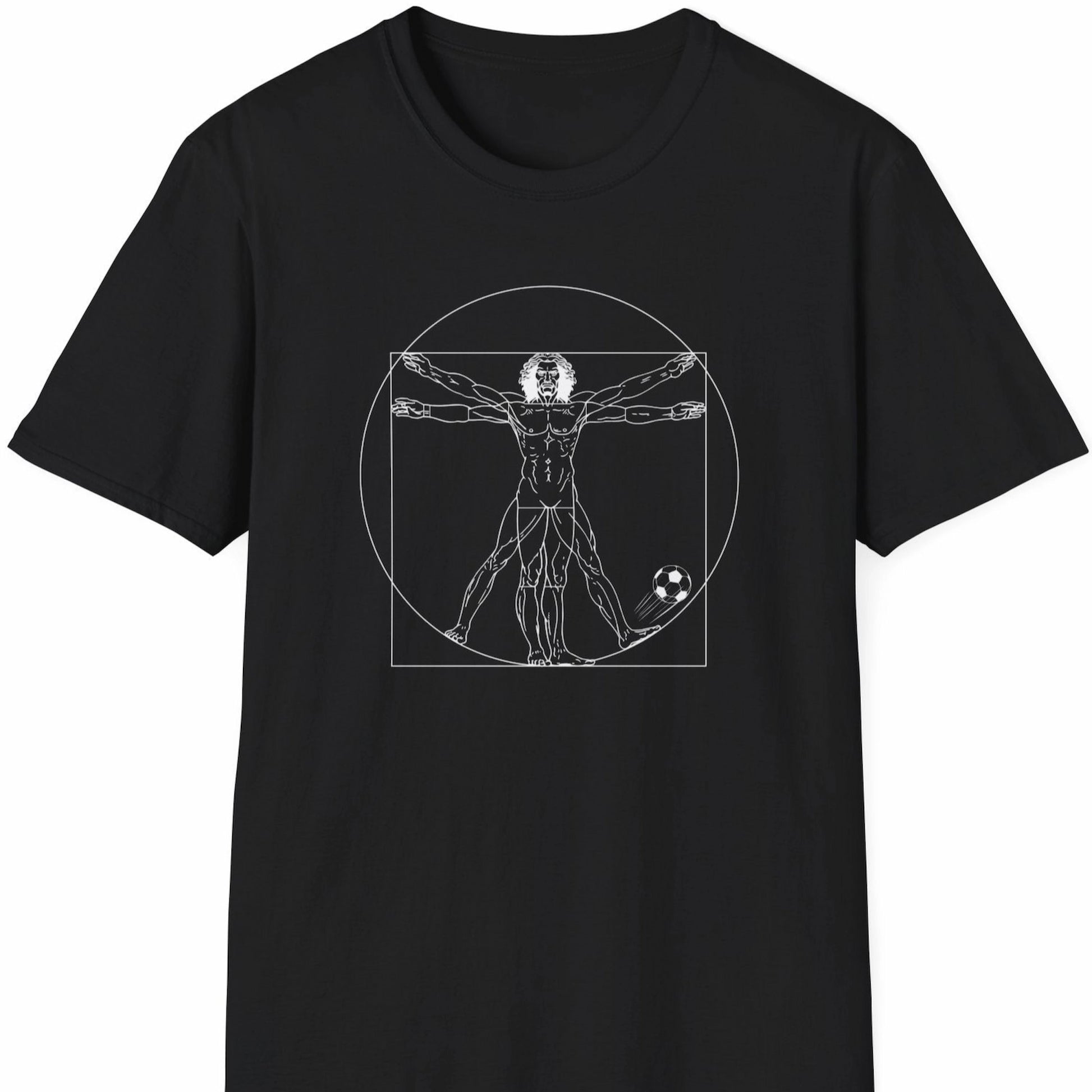 Svart T-skjorte med hvit strekillustrasjon av Da Vincis vitruviske mann med fotball.