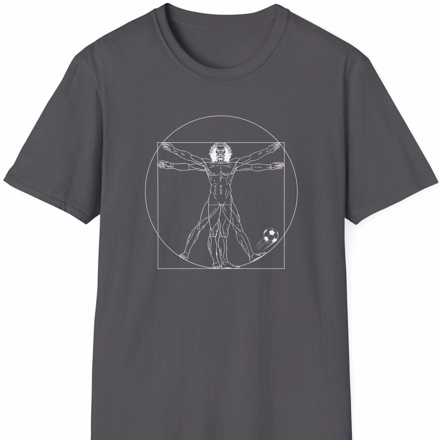 Grå T-skjorte med hvit strekillustrasjon av Da Vincis vitruviske mann med fotball.