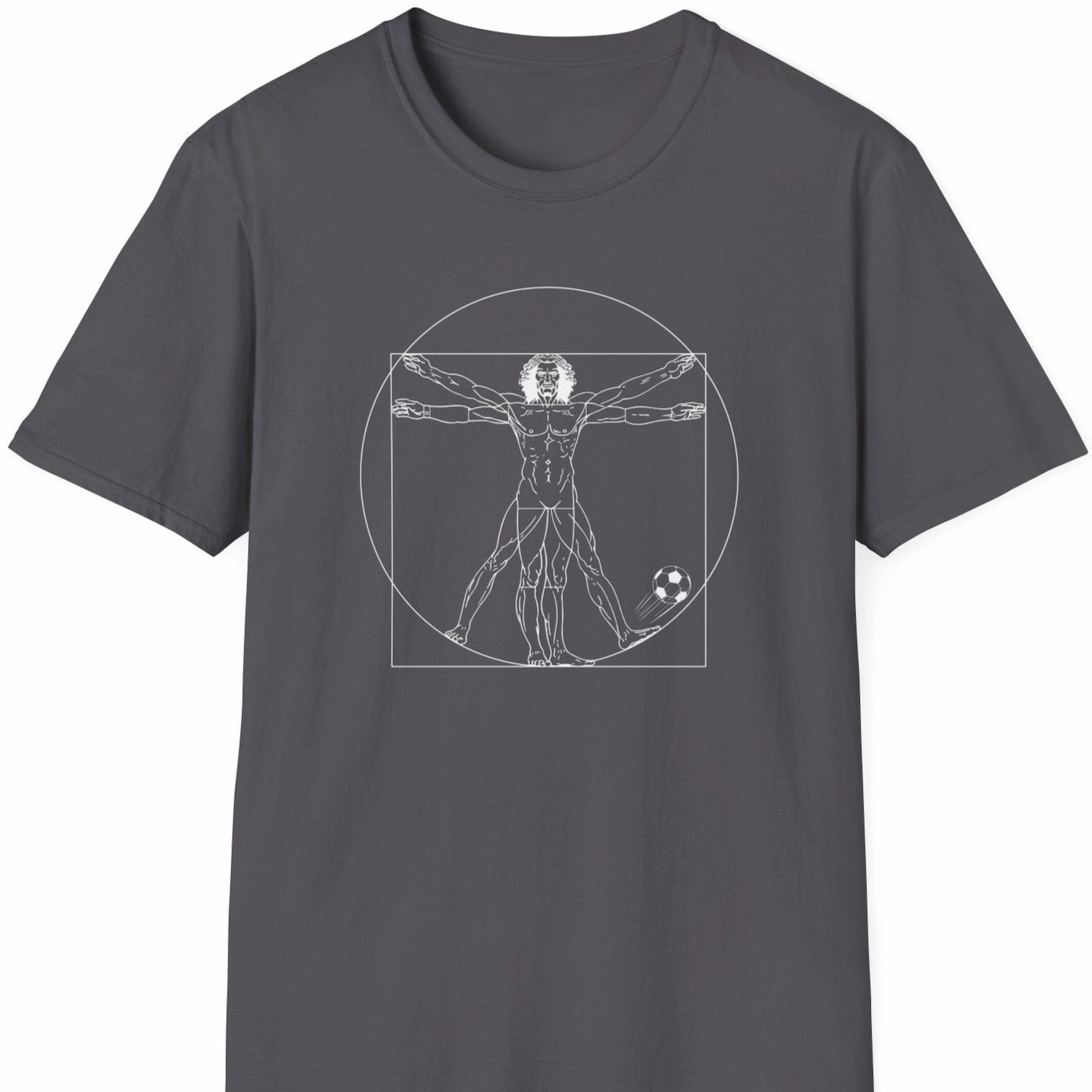 Grå T-skjorte med hvit strekillustrasjon av Da Vincis vitruviske mann med fotball.