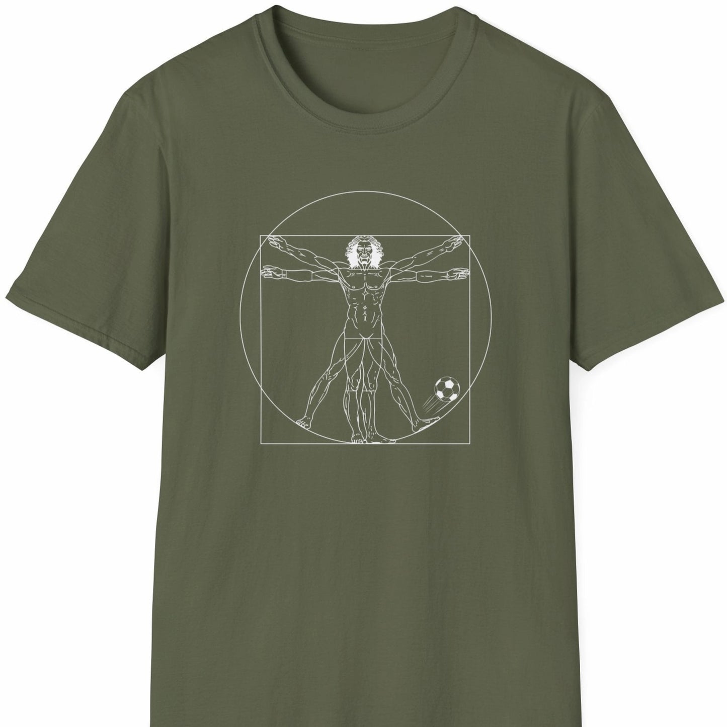 Militærgrønn T-skjorte med hvit strekillustrasjon av Da Vincis vitruviske mann med fotball.