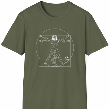 Militærgrønn T-skjorte med hvit strekillustrasjon av Da Vincis vitruviske mann med fotball.