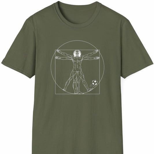 Militærgrønn T-skjorte med hvit strekillustrasjon av Da Vincis vitruviske mann med fotball.