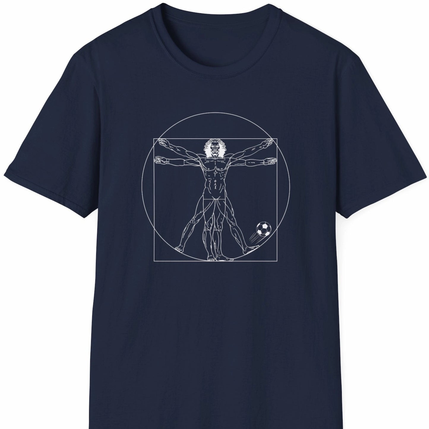 Blå T-skjorte med hvit strekillustrasjon av Da Vincis vitruviske mann med fotball.