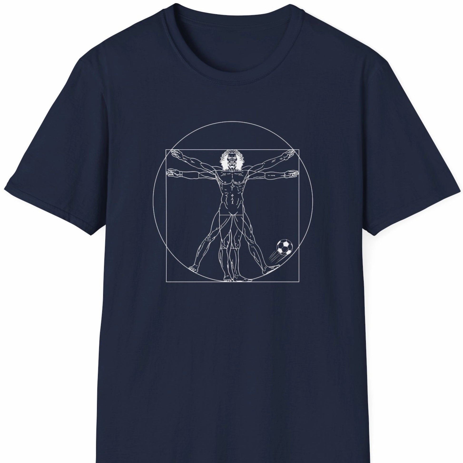 Blå T-skjorte med hvit strekillustrasjon av Da Vincis vitruviske mann med fotball.