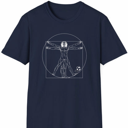Blå T-skjorte med hvit strekillustrasjon av Da Vincis vitruviske mann med fotball.