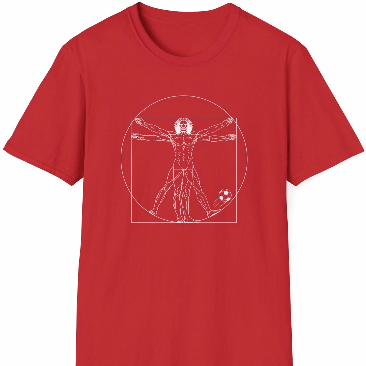 Rød T-skjorte med hvit strekillustrasjon av Da Vincis vitruviske mann med fotball.