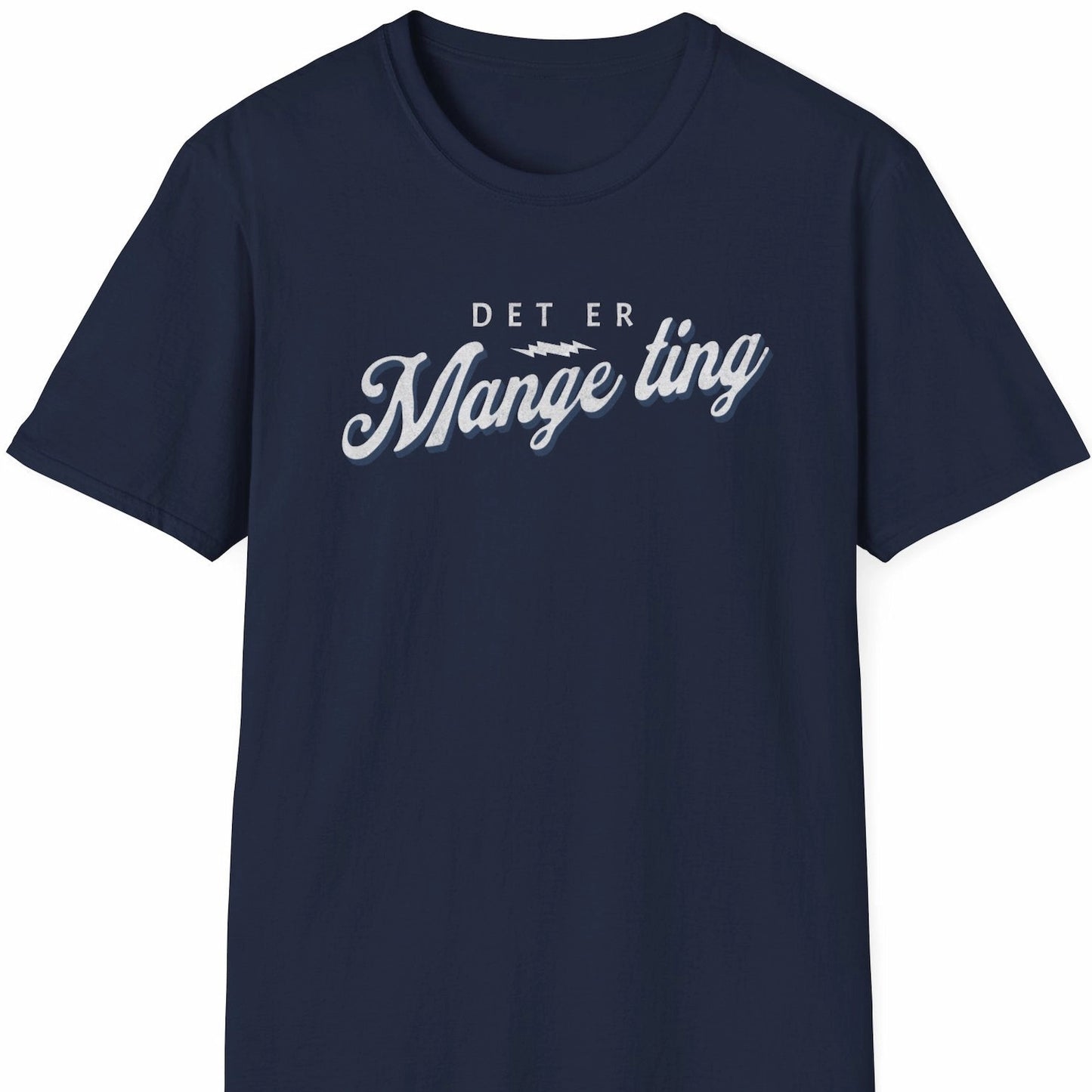 Blå t-skjorte med teksten "Det er mange ting"