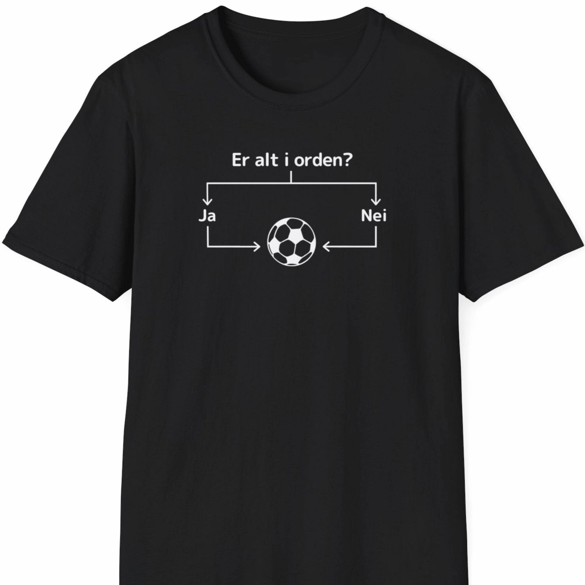 Svart T-skjorte med hvitt diagram og teksten "Er alt i orden?" som leder til en fotball.