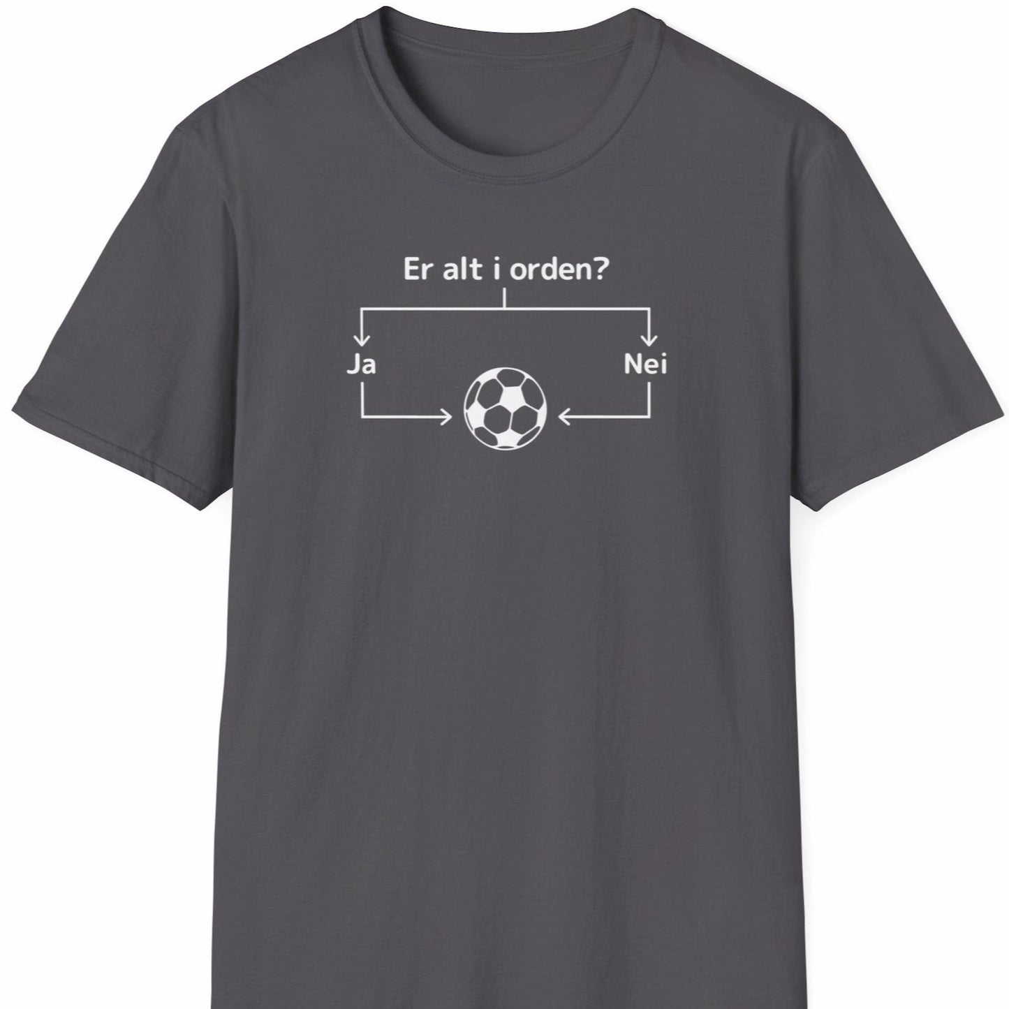 Grå T-skjorte med hvitt diagram og teksten "Er alt i orden?" som leder til en fotball.