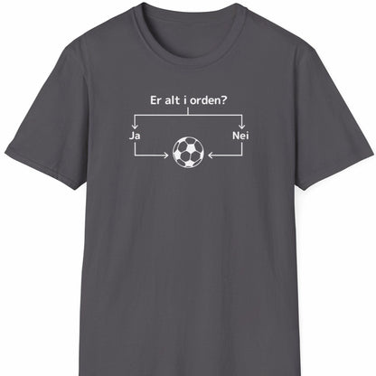 Grå T-skjorte med hvitt diagram og teksten "Er alt i orden?" som leder til en fotball.