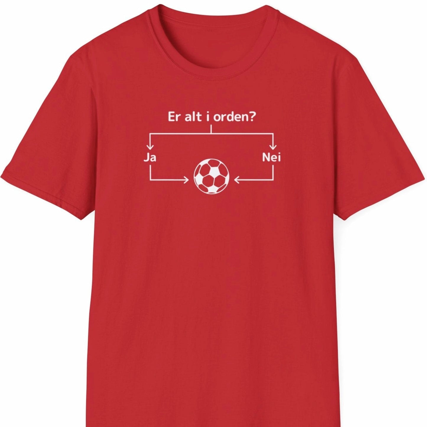 Rød T-skjorte med hvitt diagram og teksten "Er alt i orden?" som leder til en fotball.