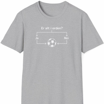 Lys grå T-skjorte med hvitt diagram og teksten "Er alt i orden?" som leder til en fotball.