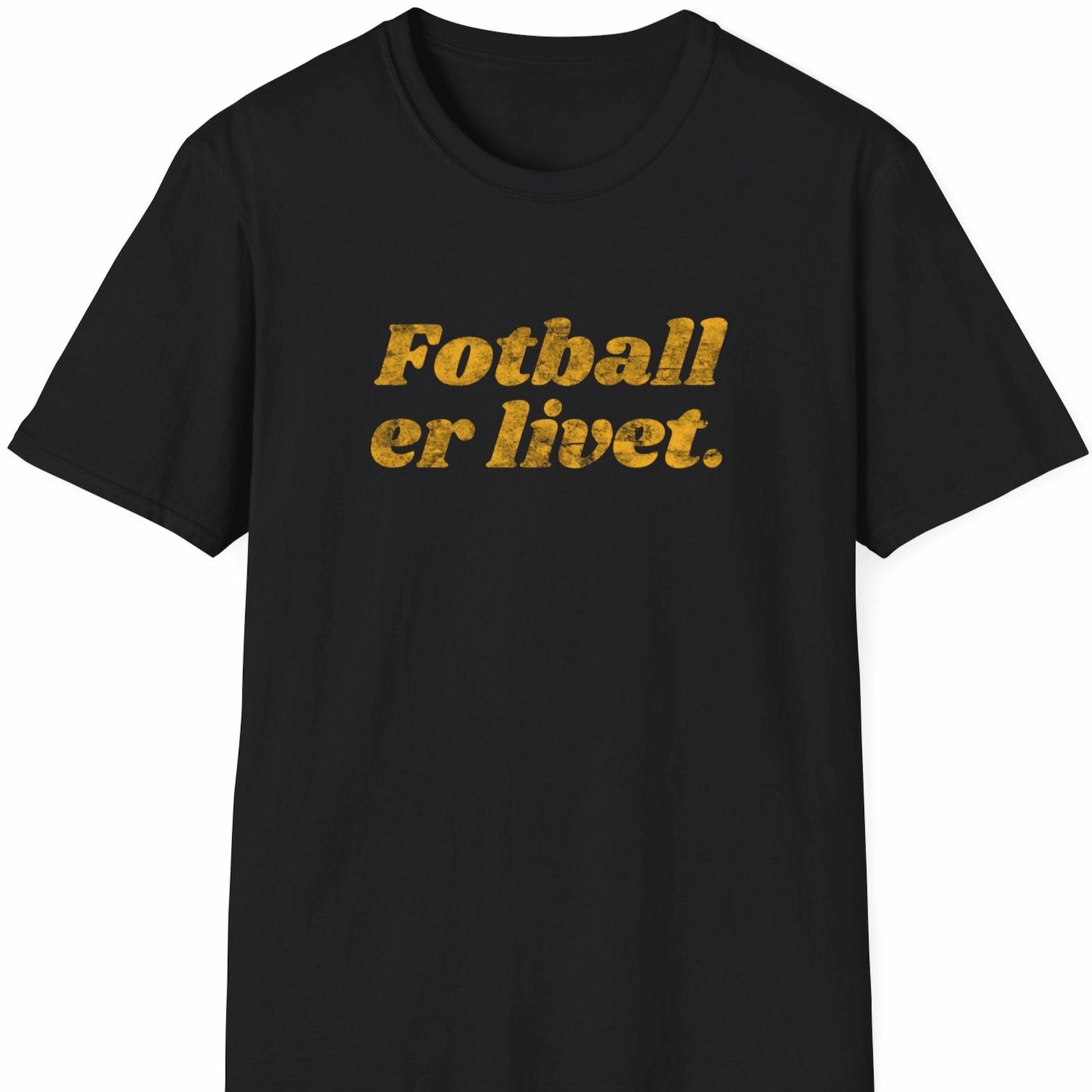 Svart T-skjorte med slitt, oransje tekst: «Fotball er livet.»  