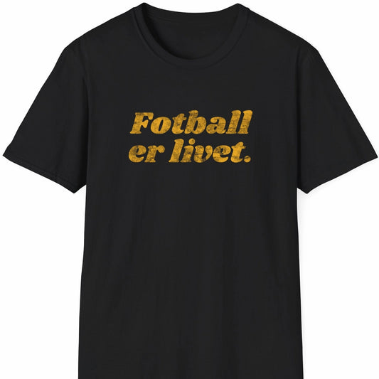 Svart T-skjorte med slitt, oransje tekst: «Fotball er livet.»  