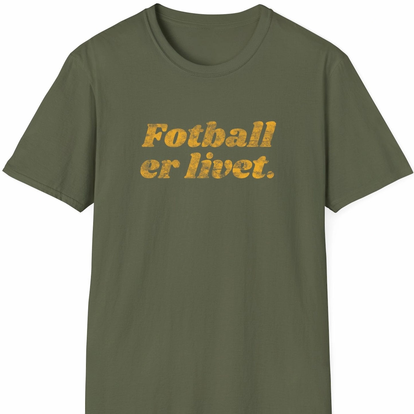 Militærgrønn T-skjorte med slitt, oransje tekst: «Fotball er livet.»