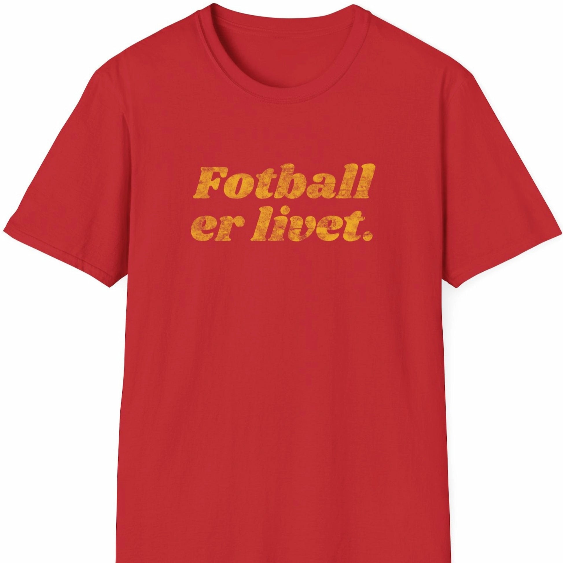 Rød T-skjorte med slitt, oransje tekst: «Fotball er livet.»
