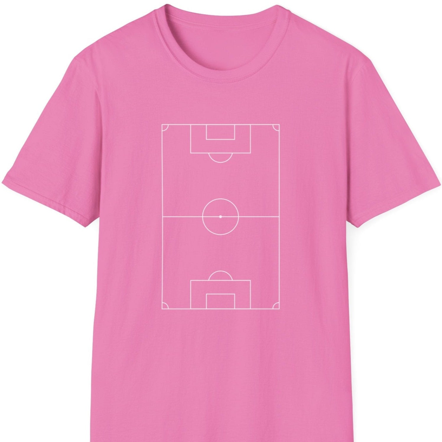 Rosa T-skjorte med fotballbane-motiv.
