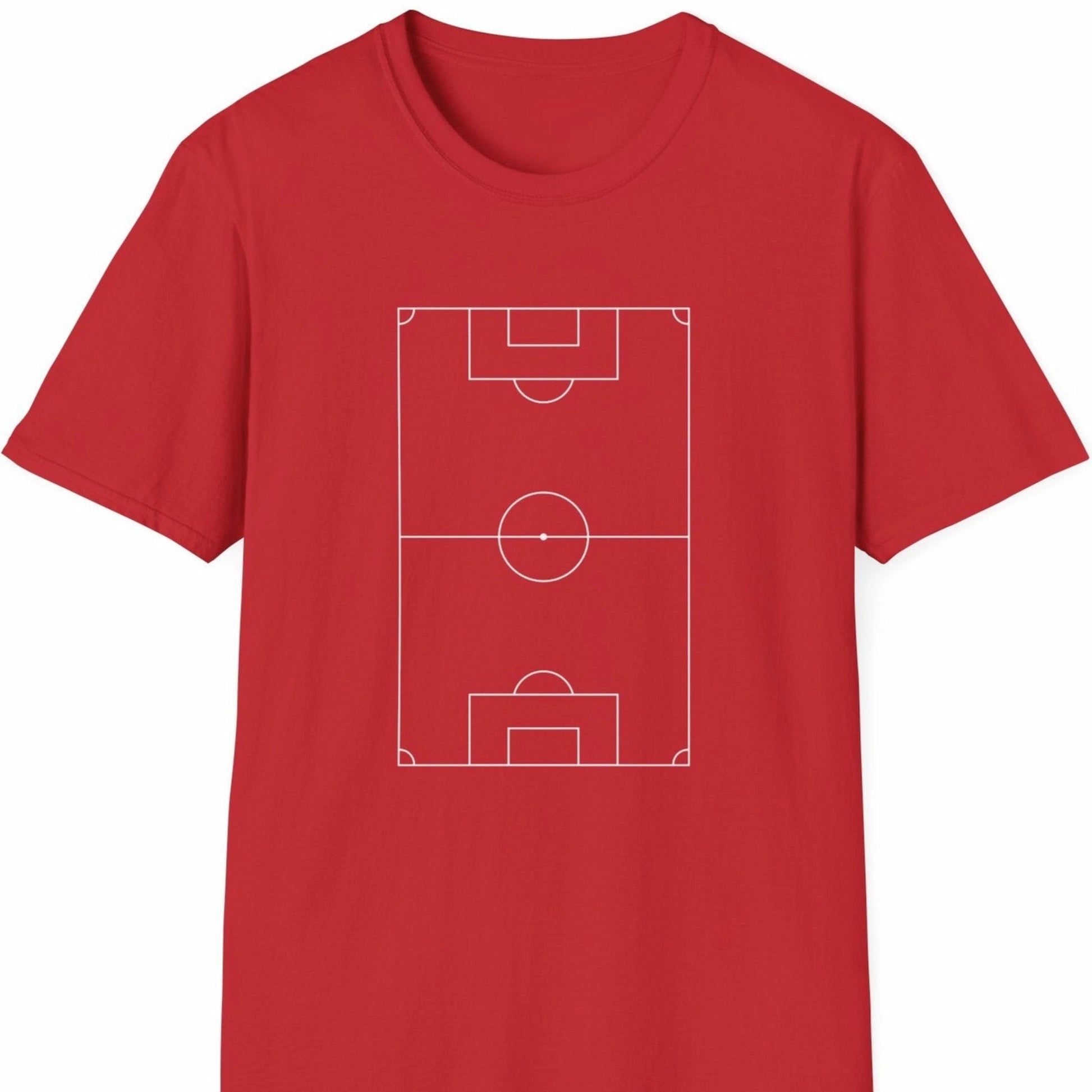 T-skjorte med hvit baneoversikt på rød bakgrunn.