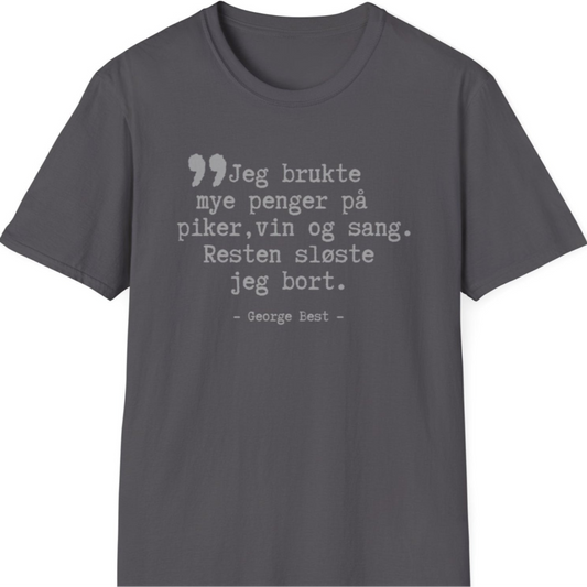 Grå T-skjorte med legendarisk George Best-sitat.