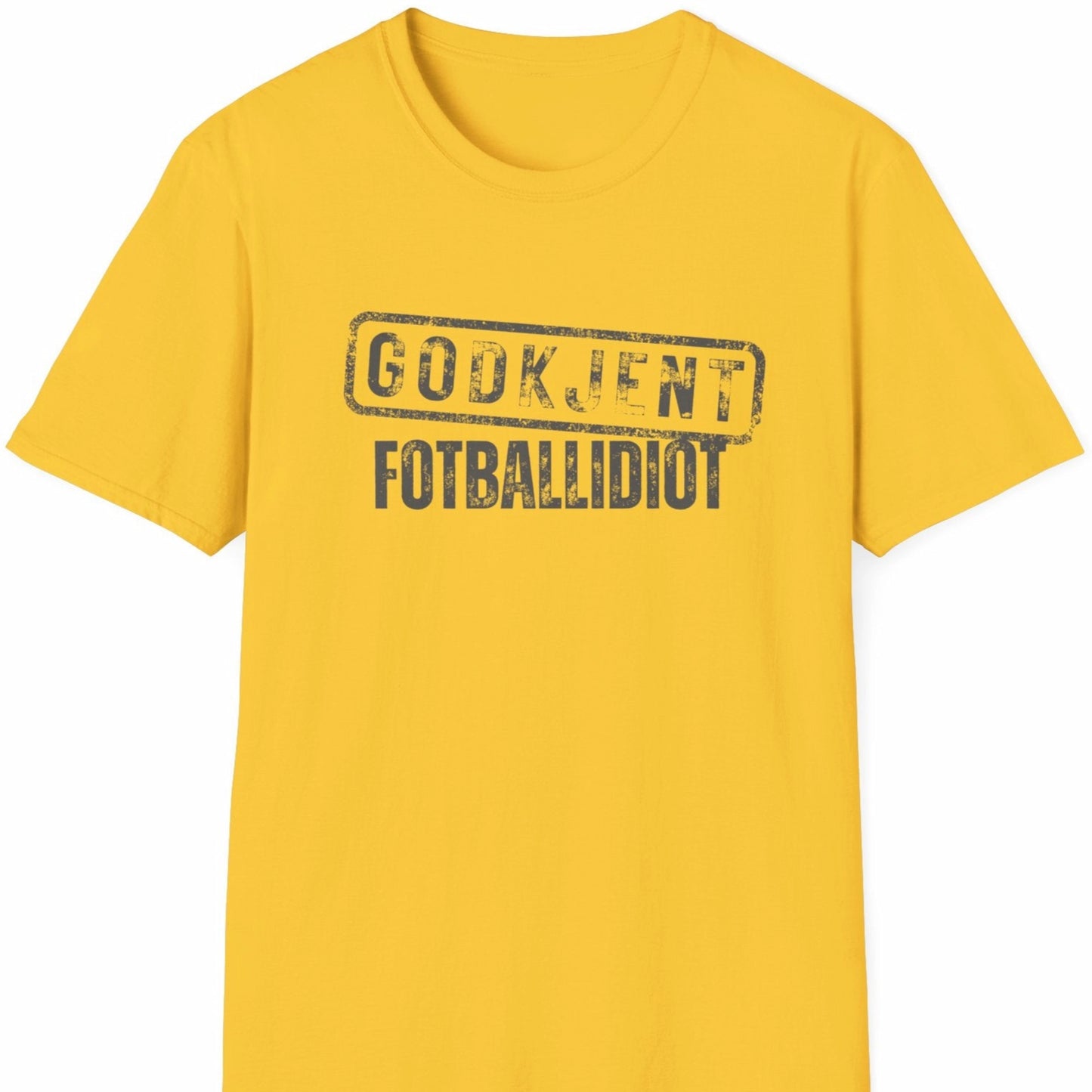 Gul t-skjorte med teksten Godkjent Fotballidiot