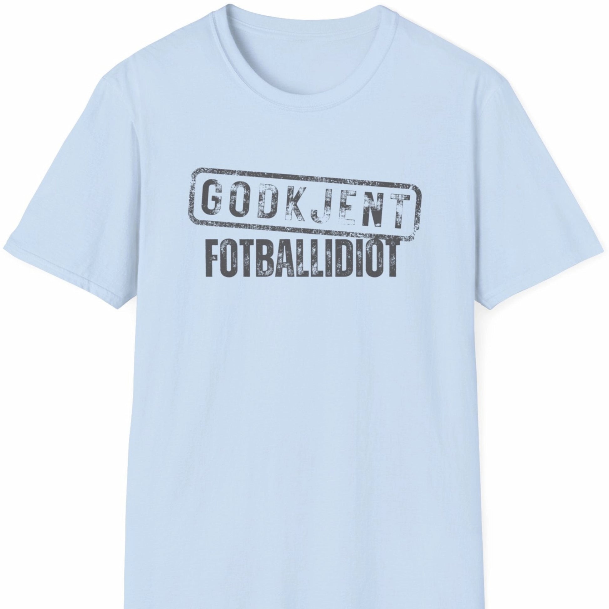 Lys blå t-skjorte med teksten Godkjent Fotballidiot