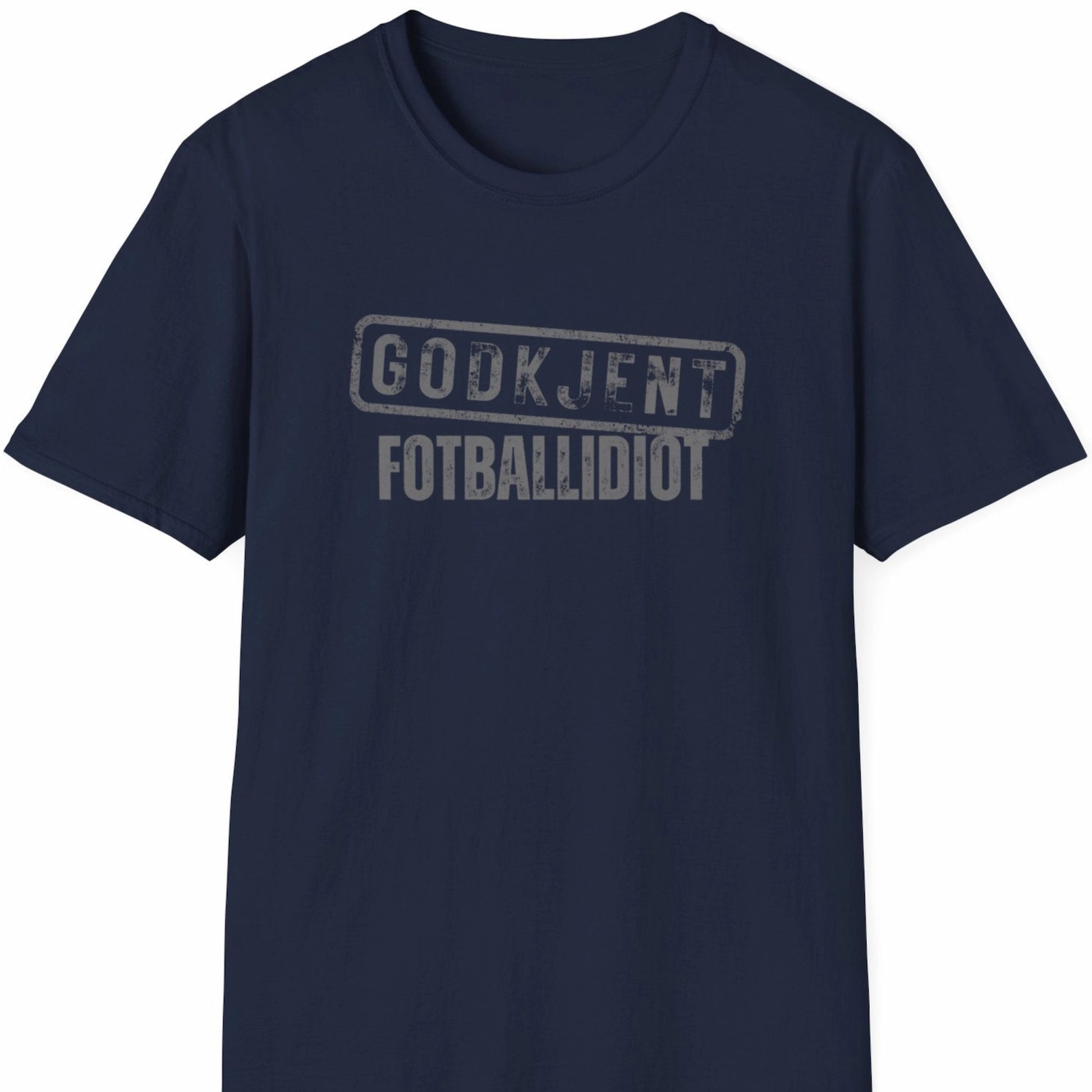 Mørk blå t-skjorte med teksten Godkjent Fotballidiot