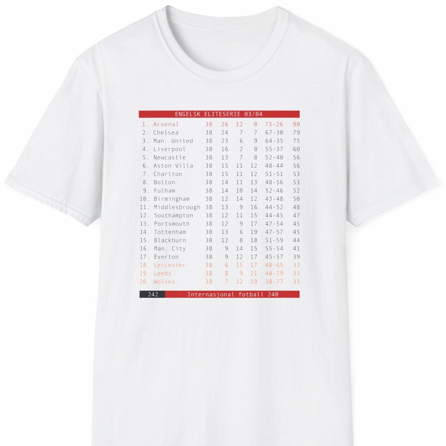 Hvit t-skjorte med tekst-tv tabell Arsenal 03/04 Invincibles