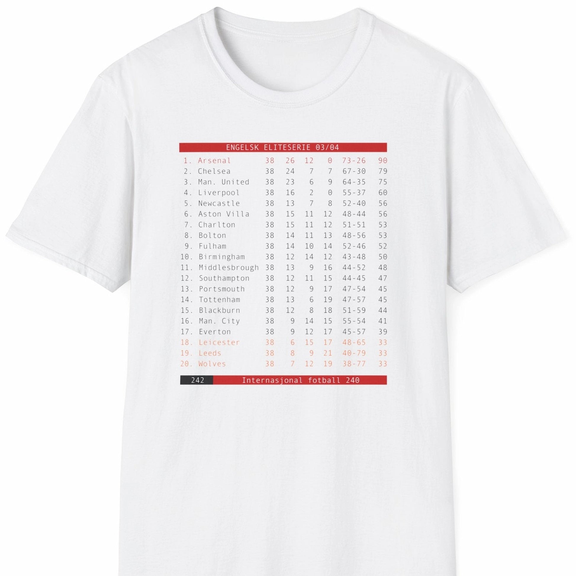 Hvit t-skjorte med tekst-tv tabell Arsenal 03/04 Invincibles
