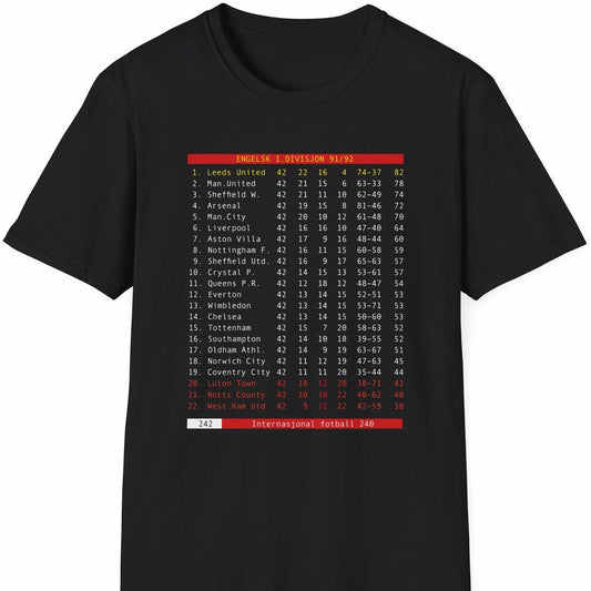 Svart T-skjorte med Tekst-TV-tabell fra 1991/92-sesongen da Leeds United ble seriemestere