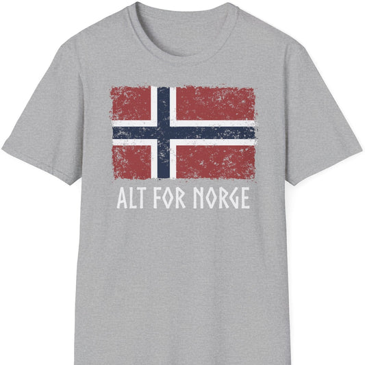 Grå t-skjorte med vintage norsk flagg og teksten "Alt for Norge"