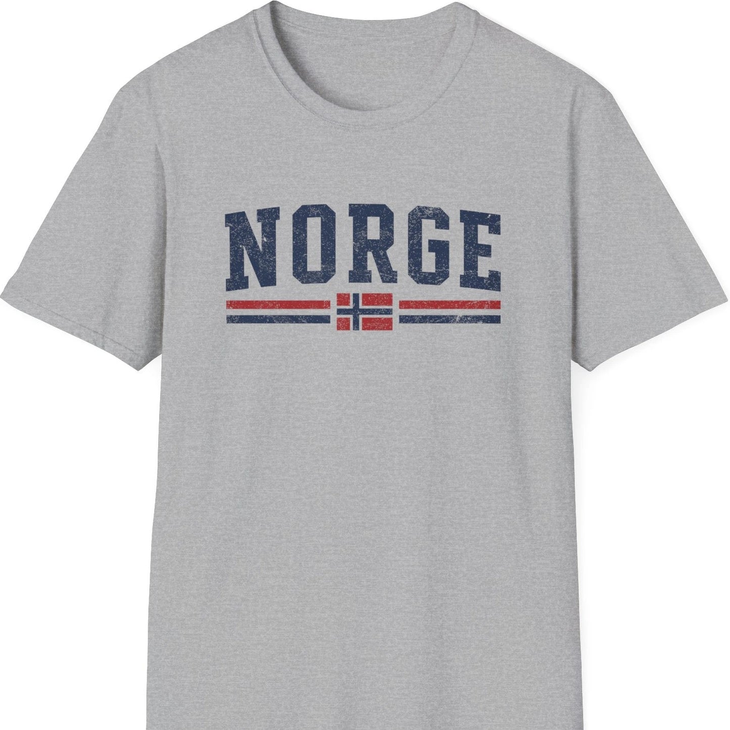 Grå T-skjorte med skriften Norge og norsk flagg. Retro utseende. 