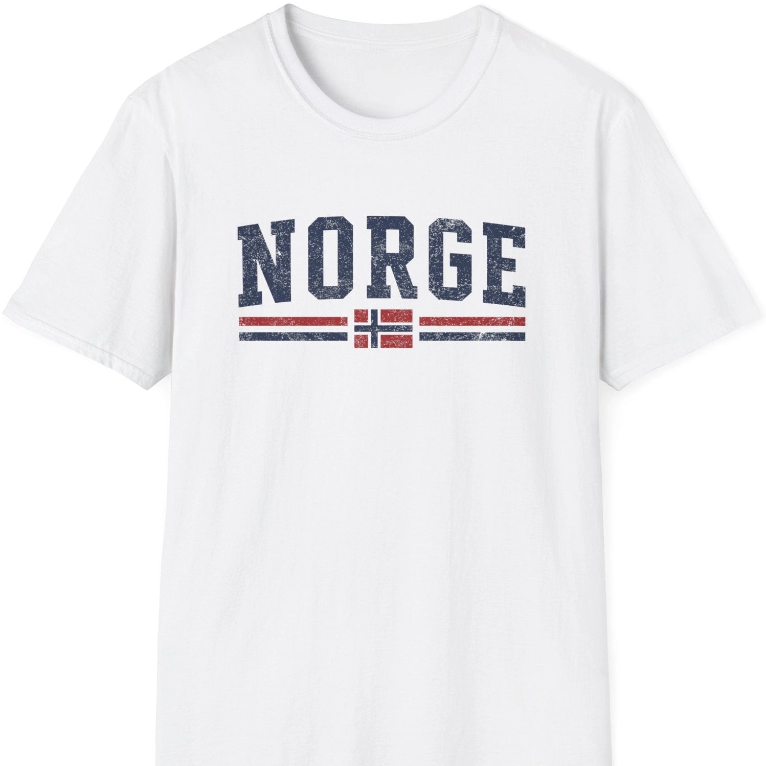 Hvit T-skjorte med skriften Norge og norsk flagg. Retro utseende. 