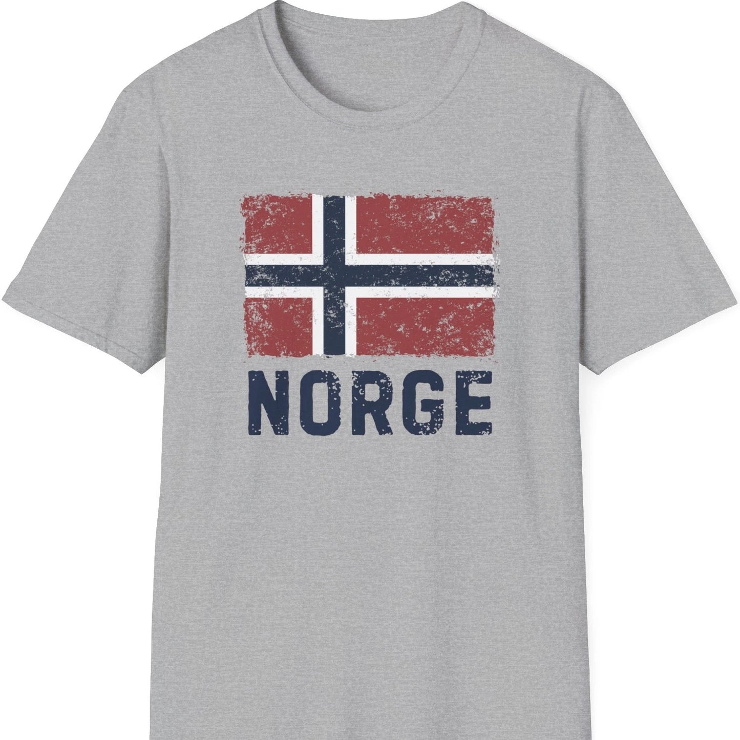Lys grå T-skjorte med slitt norsk flagg og teksten NORGE i vintage-stil