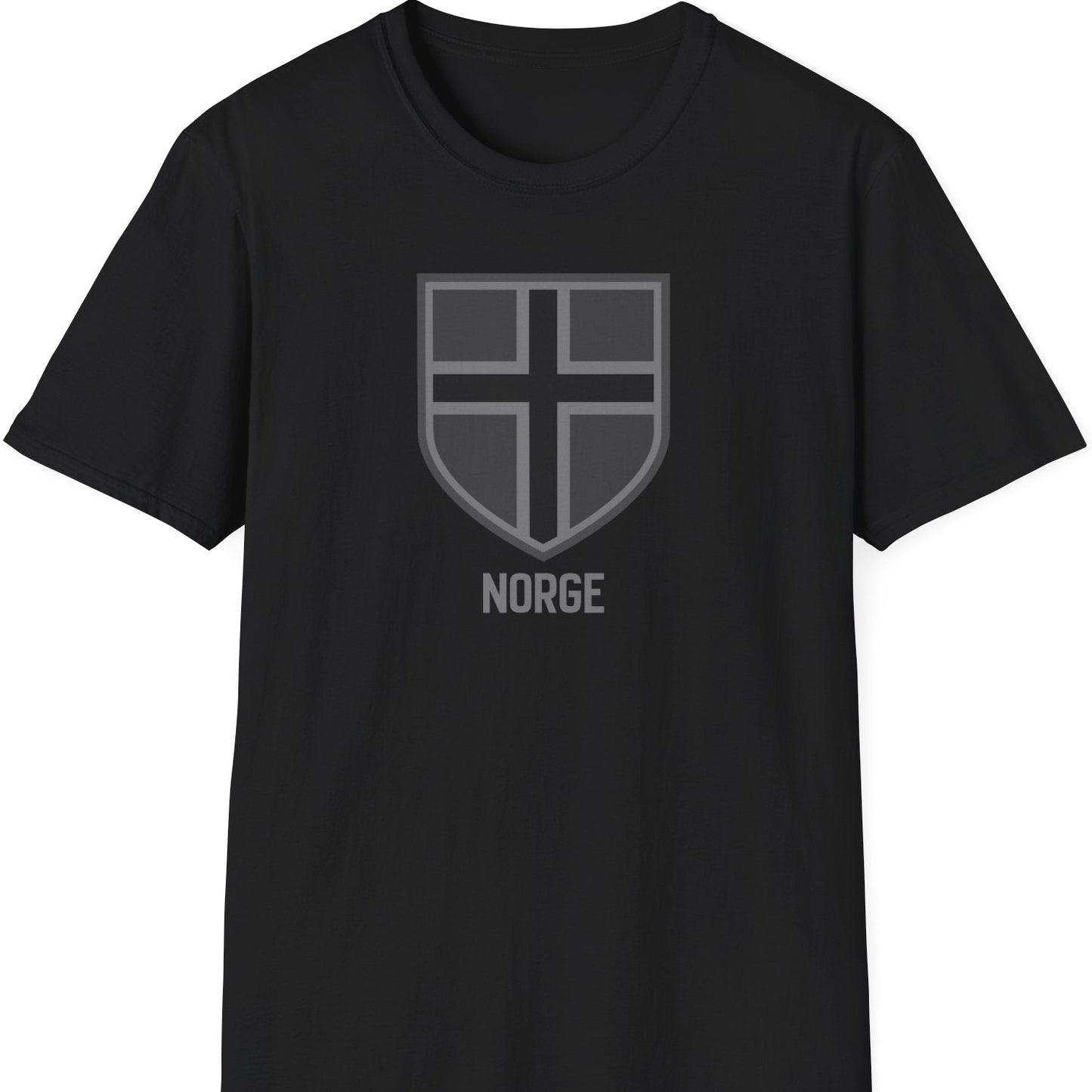 Svart t-skjorte med minimalistisk skjold og teksten "Norge"