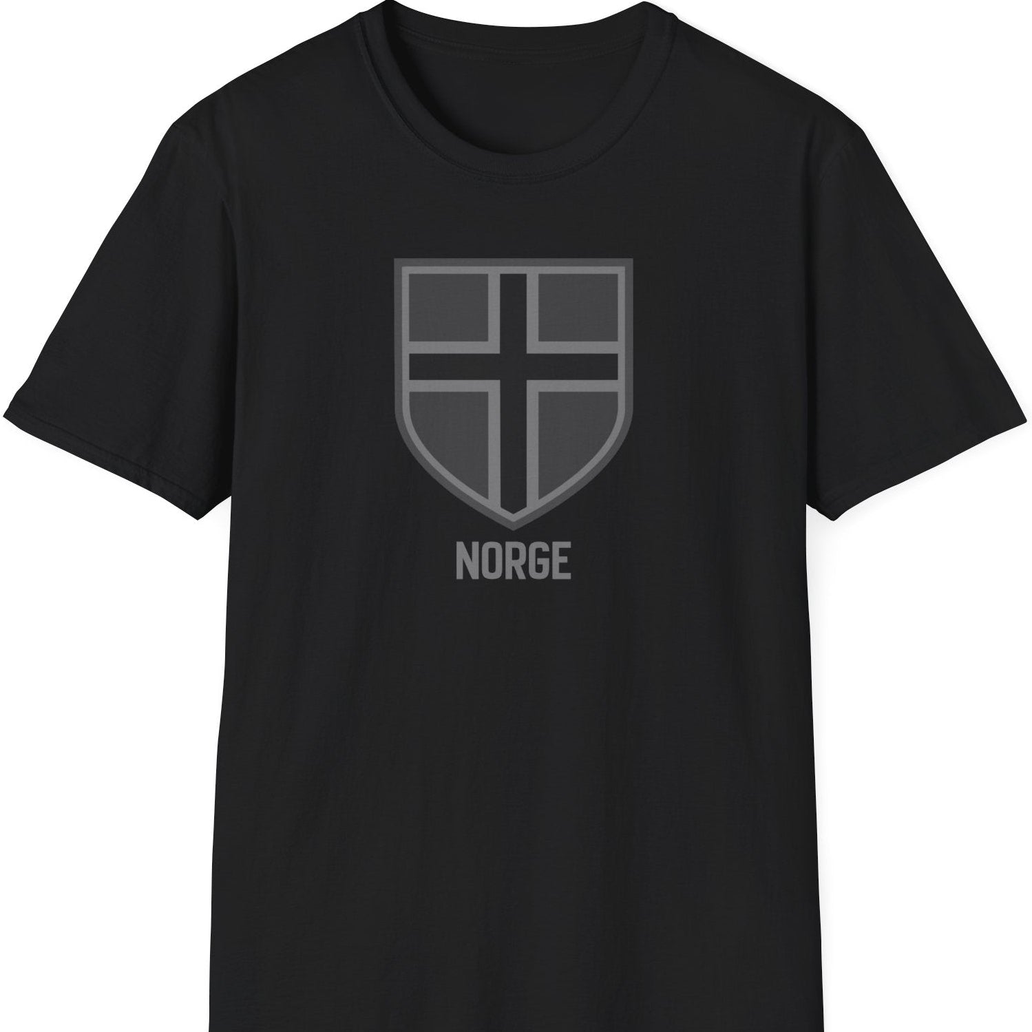 Svart t-skjorte med minimalistisk skjold og teksten "Norge"