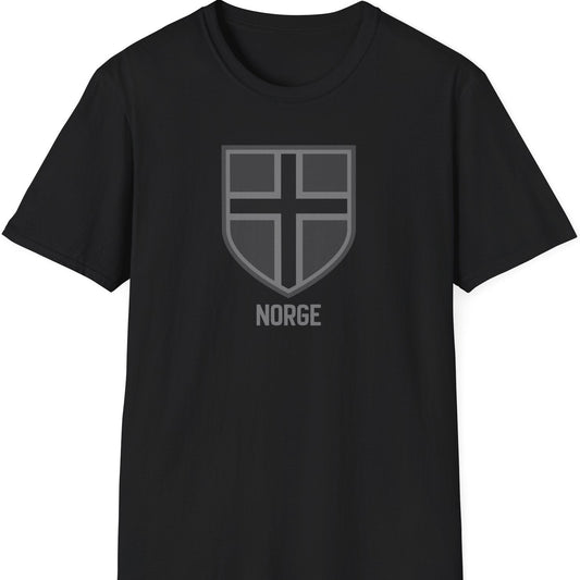 Svart t-skjorte med minimalistisk skjold og teksten "Norge"
