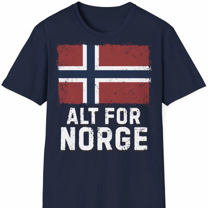 Norge t-skjorte i marineblå farge med teksten Alt for Norge og vintage flagg 