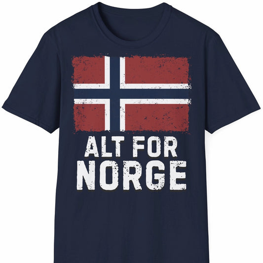Norge t-skjorte i marineblå farge med teksten Alt for Norge og vintage flagg 