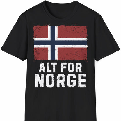 Norge t-skjorte i svart med teksten Alt for Norge og vintage flagg.